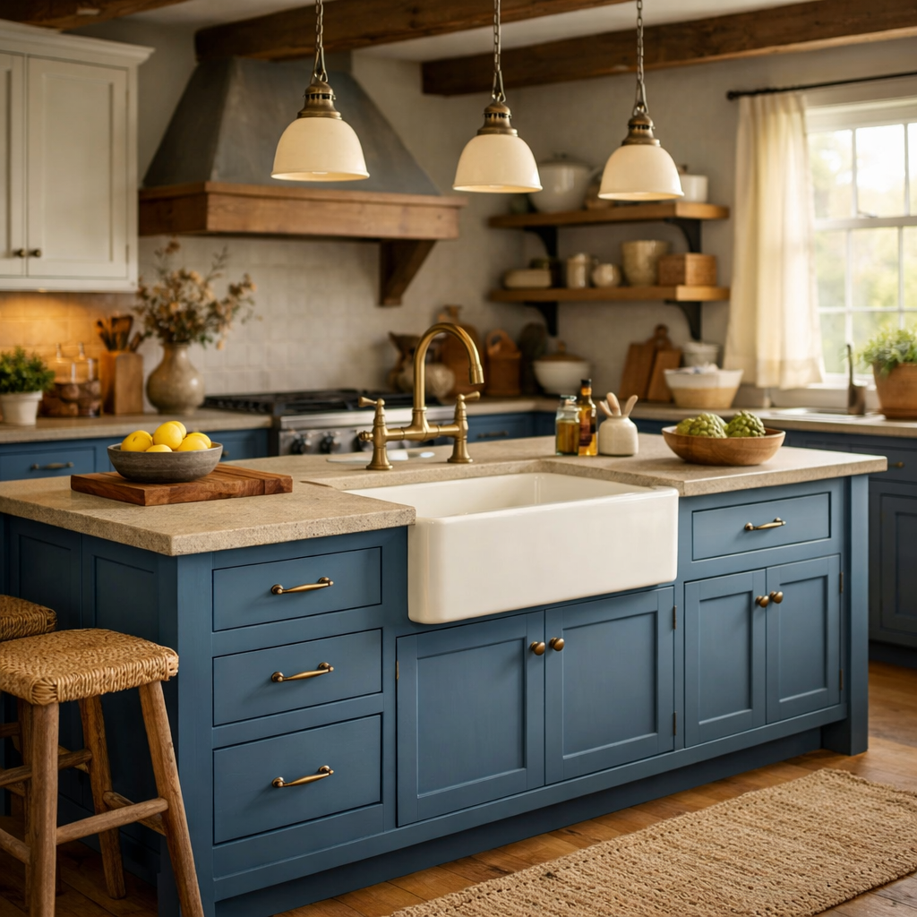 A beautiful kitchen island in muted blue color featuring a farmhouse sink, light countertops, and brass fixtures.