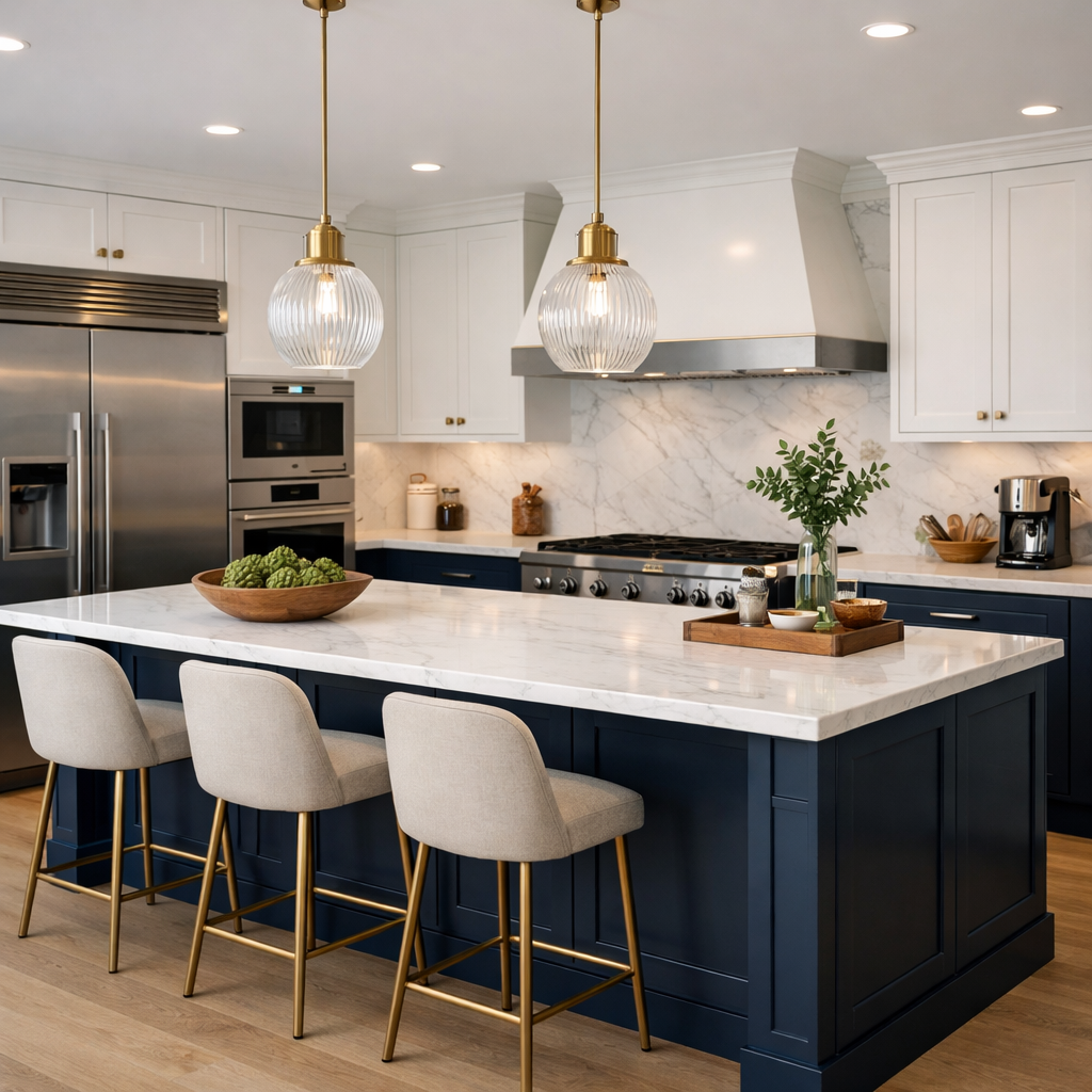 A navy blue kitchen island with a white marble countertop and stylish seating.