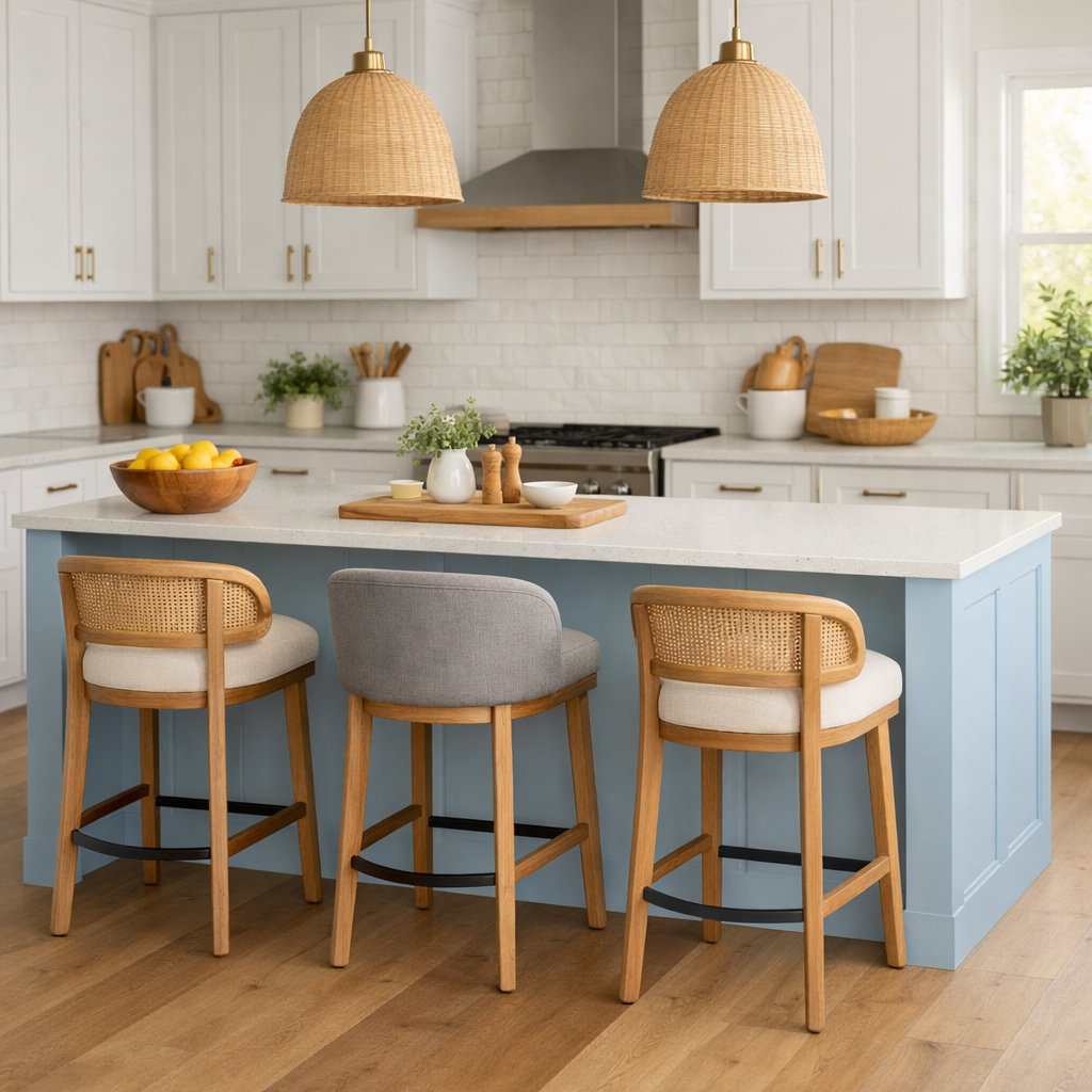 Sky blue kitchen island with stylish bar stools and pendant lights
