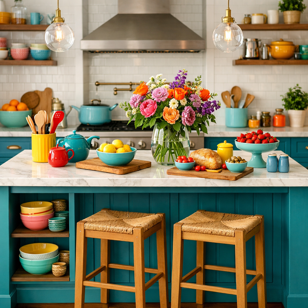 Teal blue kitchen island with colorful accessories, featuring flowers, fruits, and vibrant dishware.