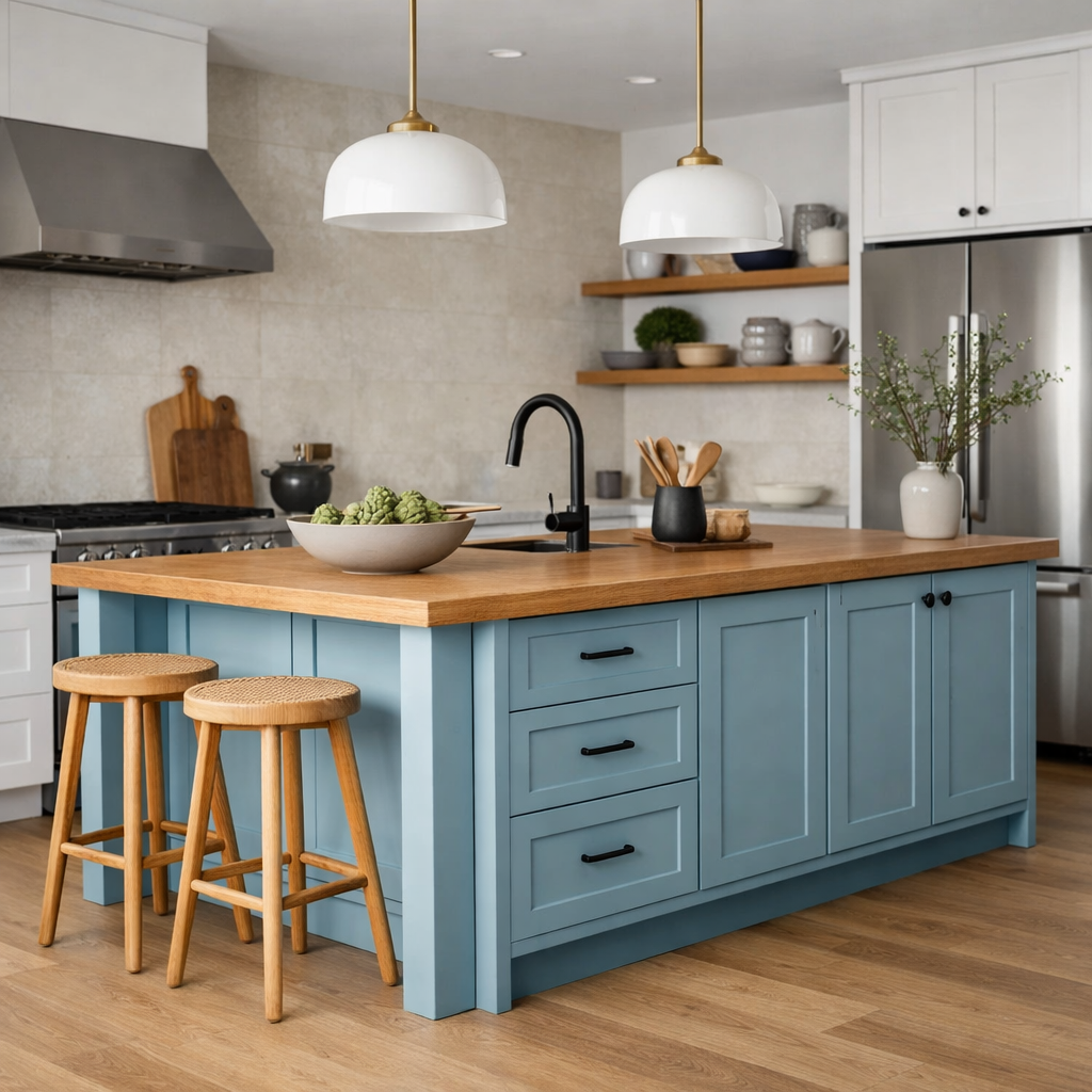 A stylish two-tone blue kitchen island with a wooden countertop and bar stools.