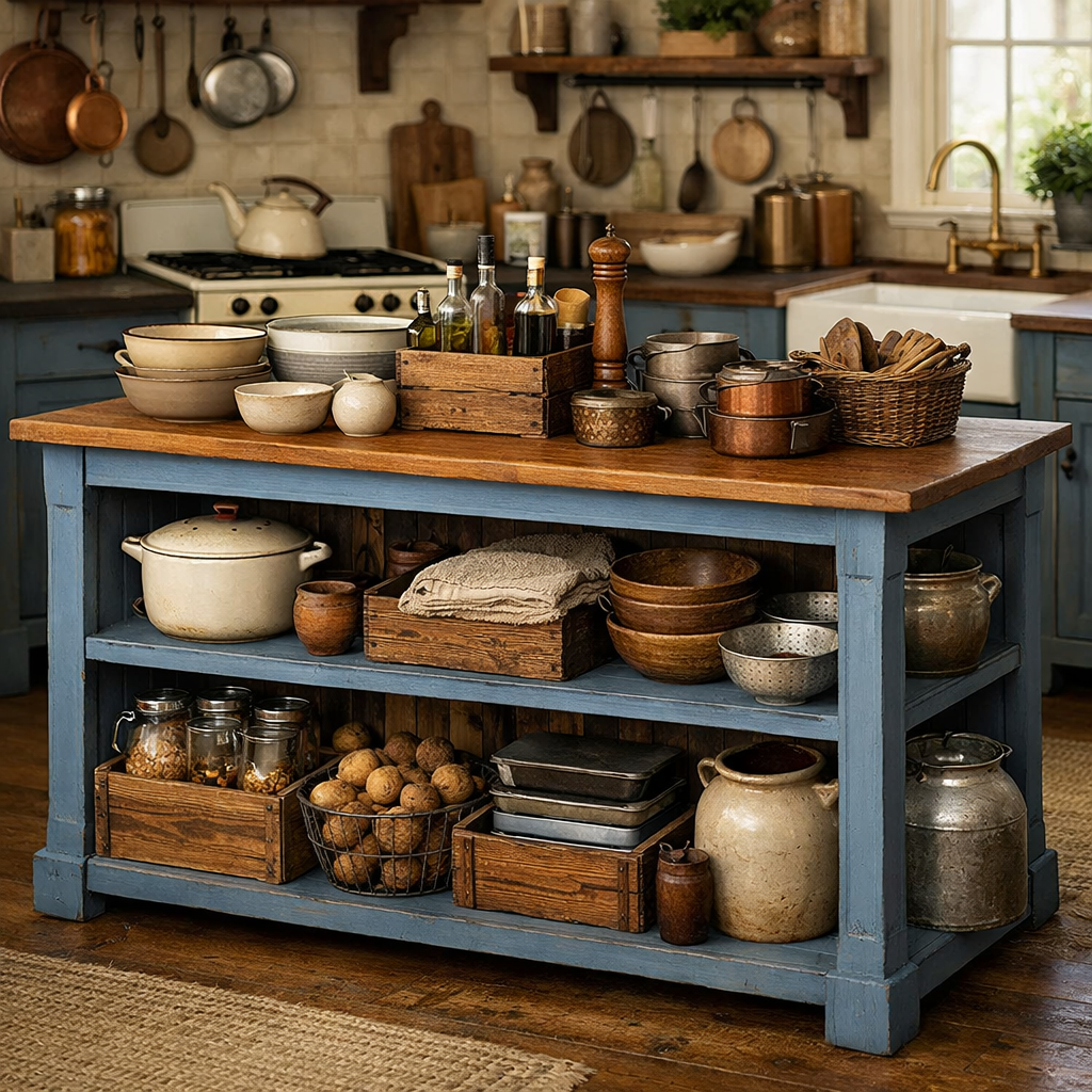 A vintage blue kitchen island featuring open shelving with various kitchen items displayed.