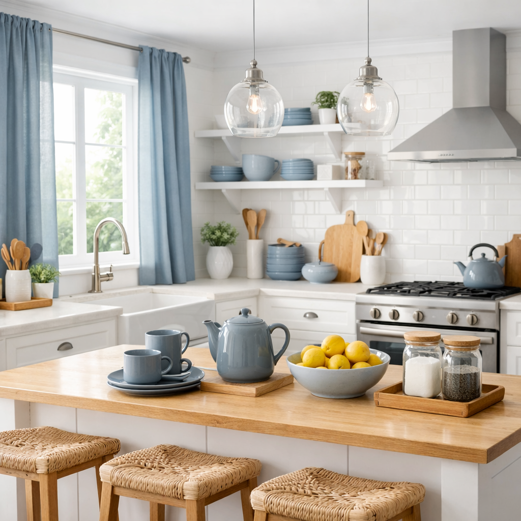 Bright and airy kitchen featuring grey blue accents with modern decor elements.