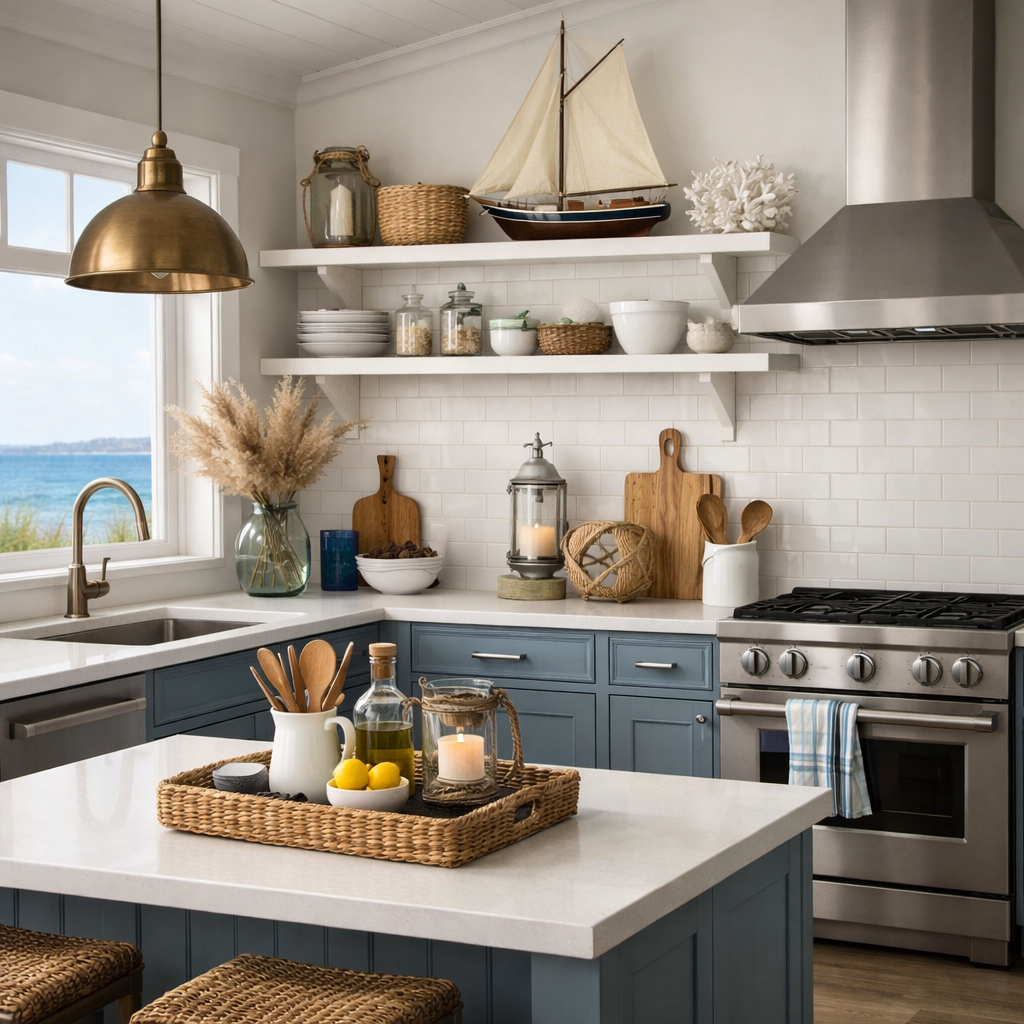 A coastal-inspired kitchen featuring grey blue cabinets, white countertops, and decorative elements like a sailboat and woven baskets.