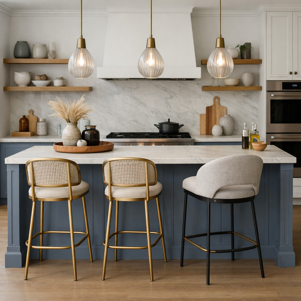A stylish grey blue kitchen island with comfortable seating options, showcasing a modern design.