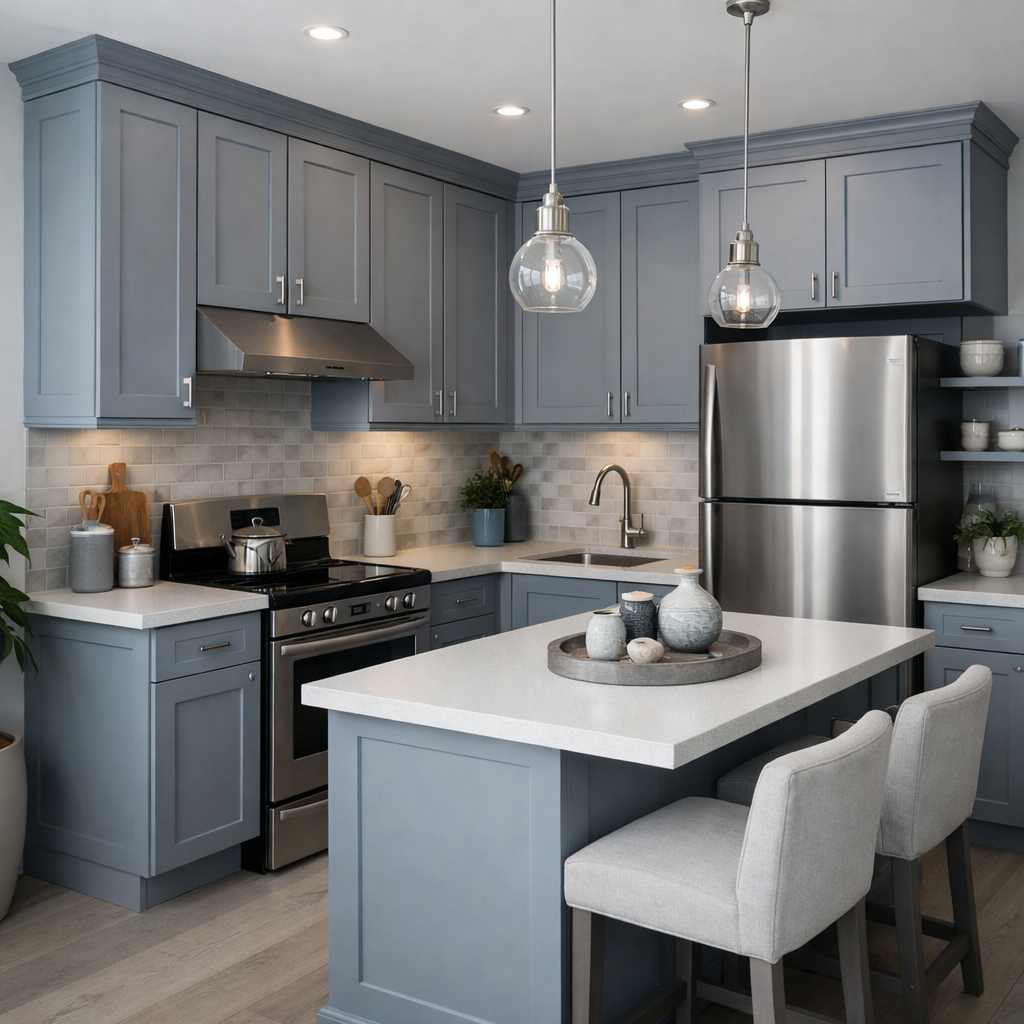 A modern grey blue kitchen featuring stylish cabinets and sleek countertops