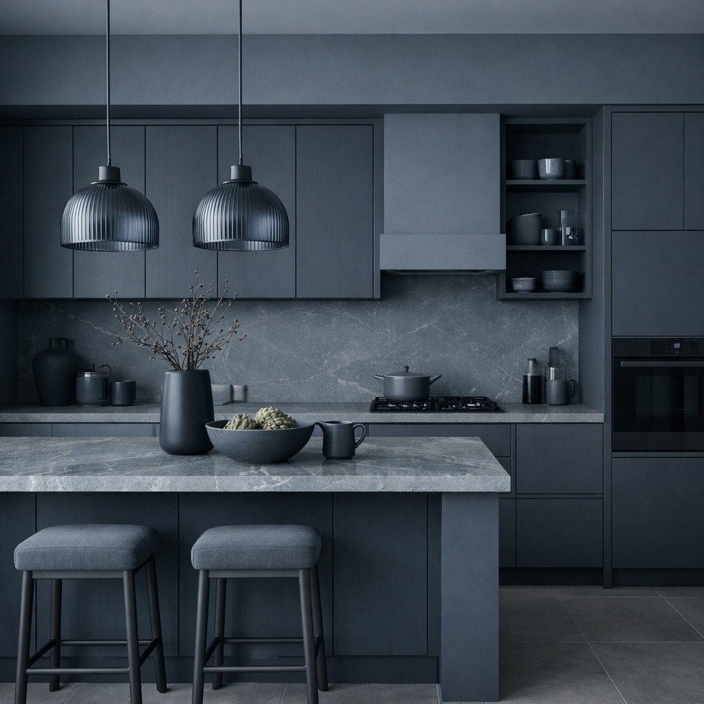 A modern kitchen featuring shades of grey blue with stylish pendant lights and marble countertops.
