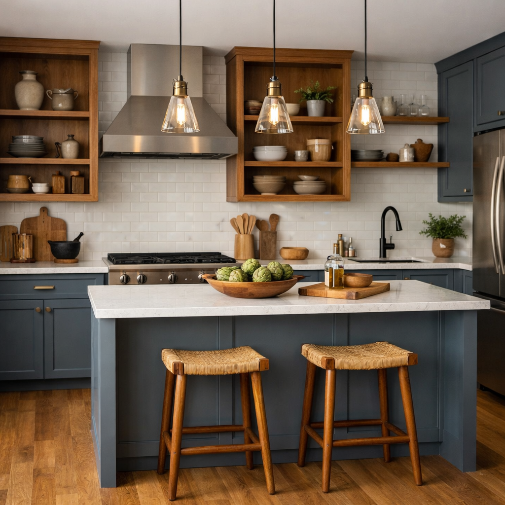 A stylish modern kitchen featuring grey blue cabinetry, wooden shelves, and light wooden bar stools.