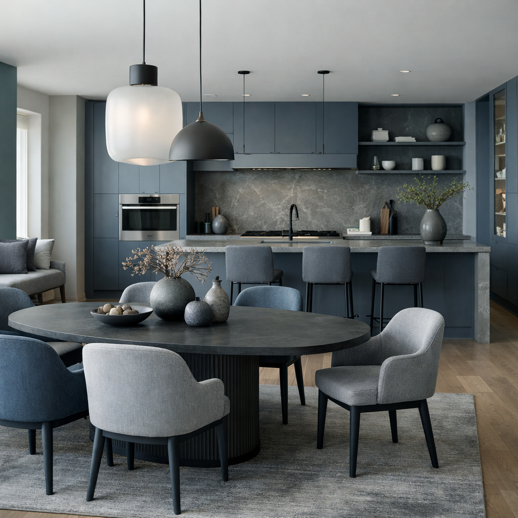 Open concept kitchen and dining area featuring grey blue tones and modern furniture.