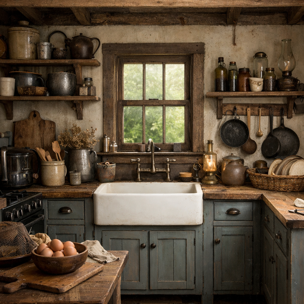 Rustic kitchen with grey blue cabinets and vintage decor