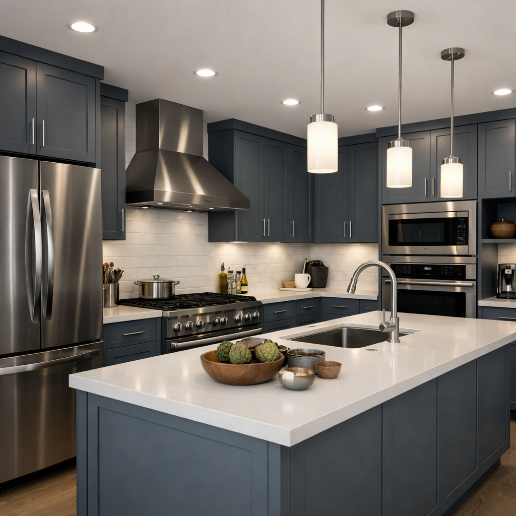 A modern kitchen featuring grey blue cabinets and sleek stainless steel appliances.
