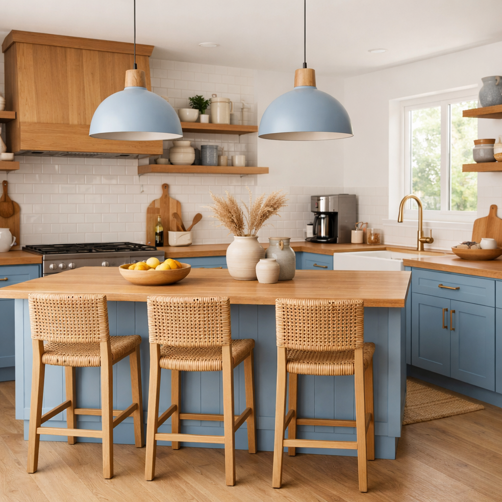 A bright and airy kitchen with baby blue cabinets and natural wood accents.