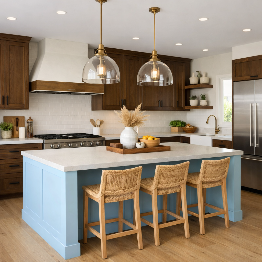 A kitchen featuring a baby blue island, wooden cabinets, and modern decor.
