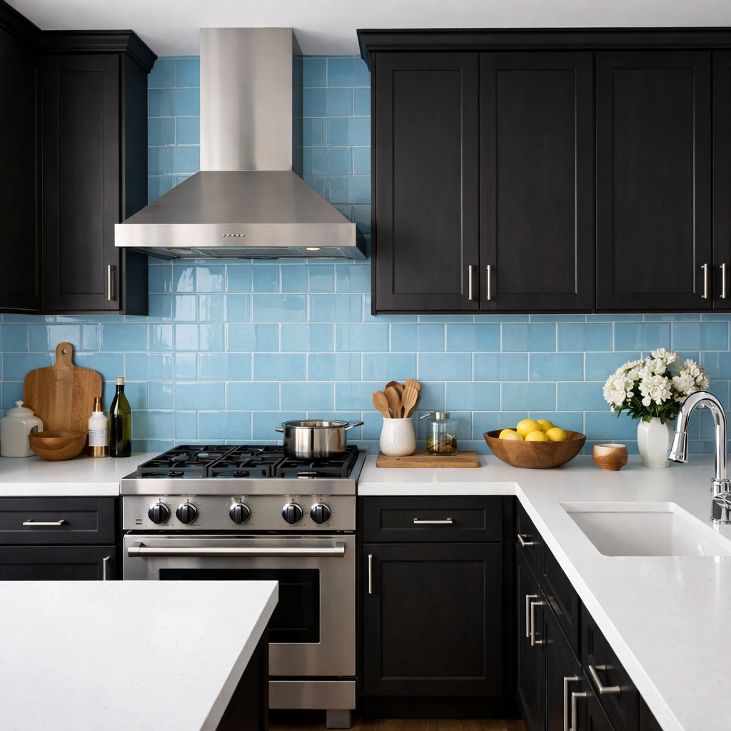 A modern kitchen featuring a baby blue tile backsplash, dark cabinets, and a stainless steel stove.