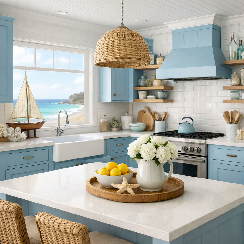 A bright baby blue kitchen featuring coastal accents, with a view of the ocean.