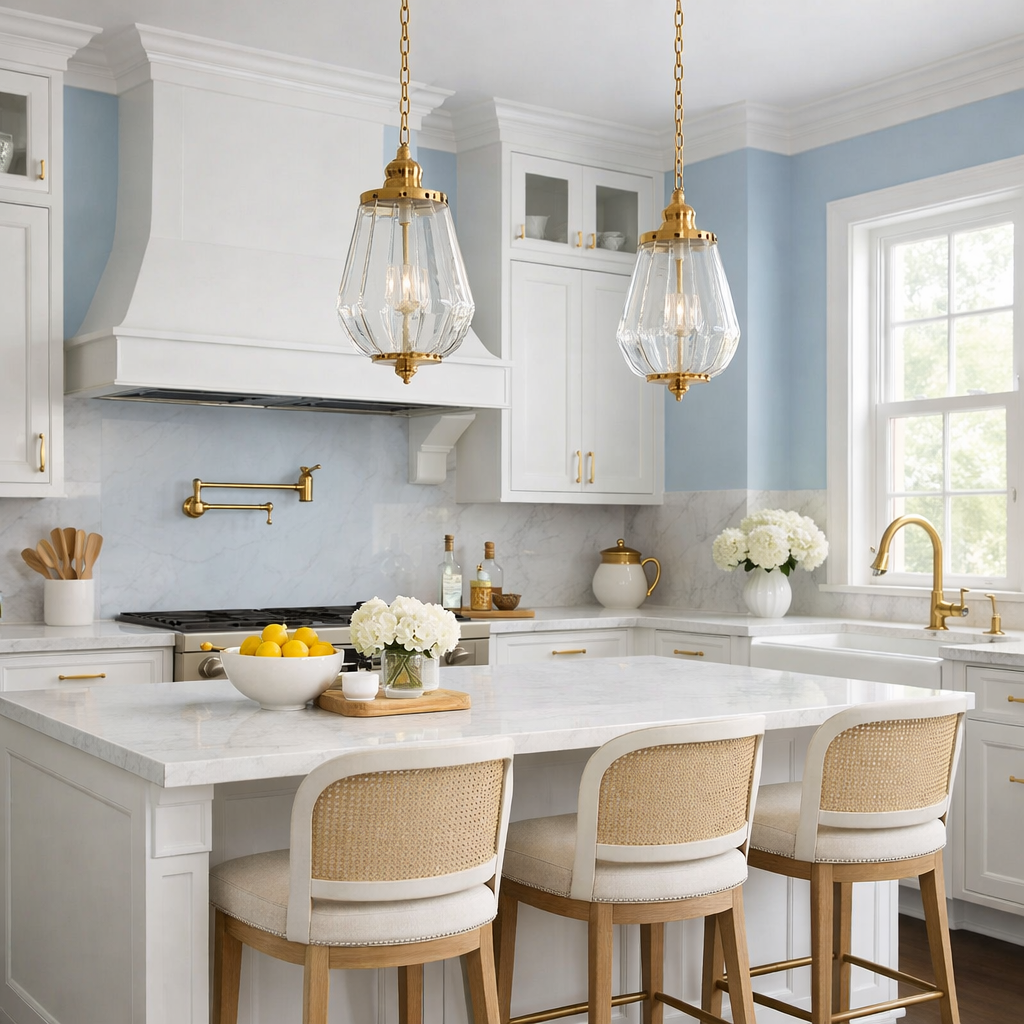 Elegant kitchen design with baby blue walls, white cabinetry, and golden light fixtures.