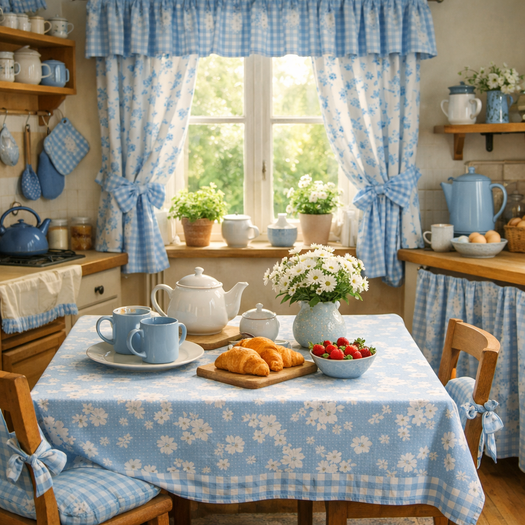 A kitchen with baby blue textiles, featuring a floral tablecloth, checked curtains, and a cozy breakfast setup.