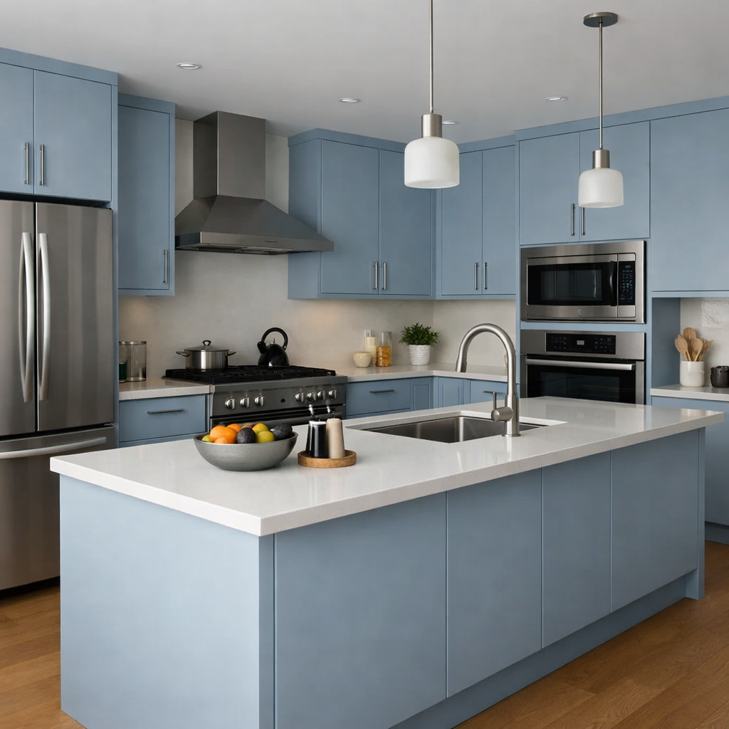 Modern minimalist kitchen design featuring baby blue cabinets and white countertop