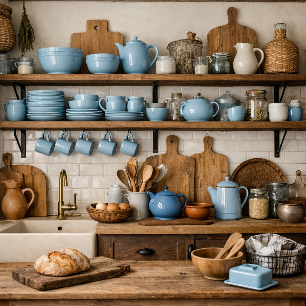 A rustic kitchen with open shelving displaying baby blue dishes and wooden cutting boards.