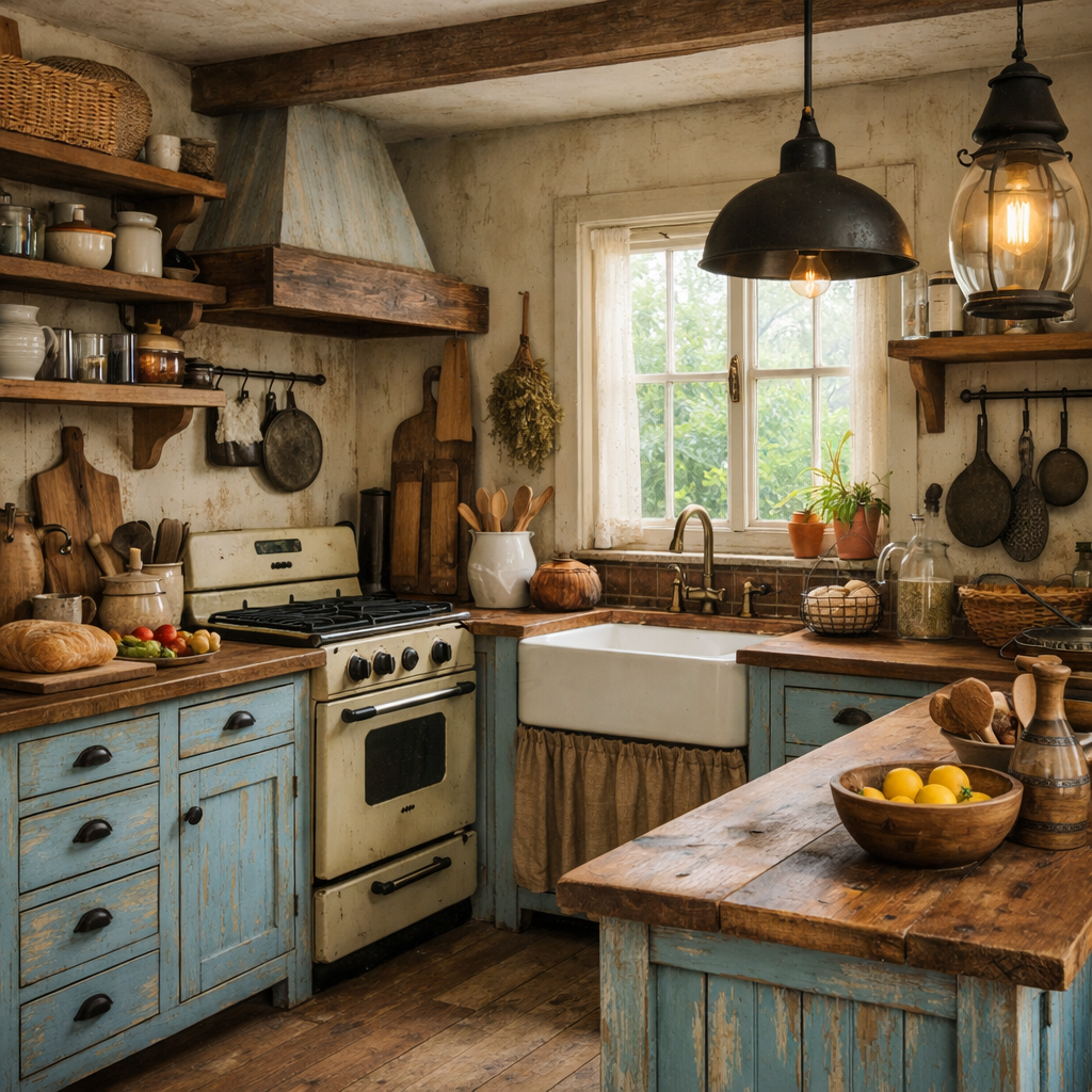 A rustic baby blue farmhouse kitchen featuring wooden shelves, vintage stove, and natural light.