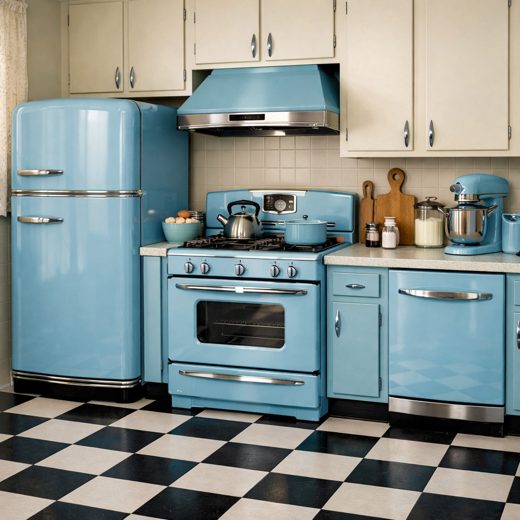 A vintage kitchen featuring baby blue appliances including a refrigerator, stove, and mixer, along with a checkered floor.