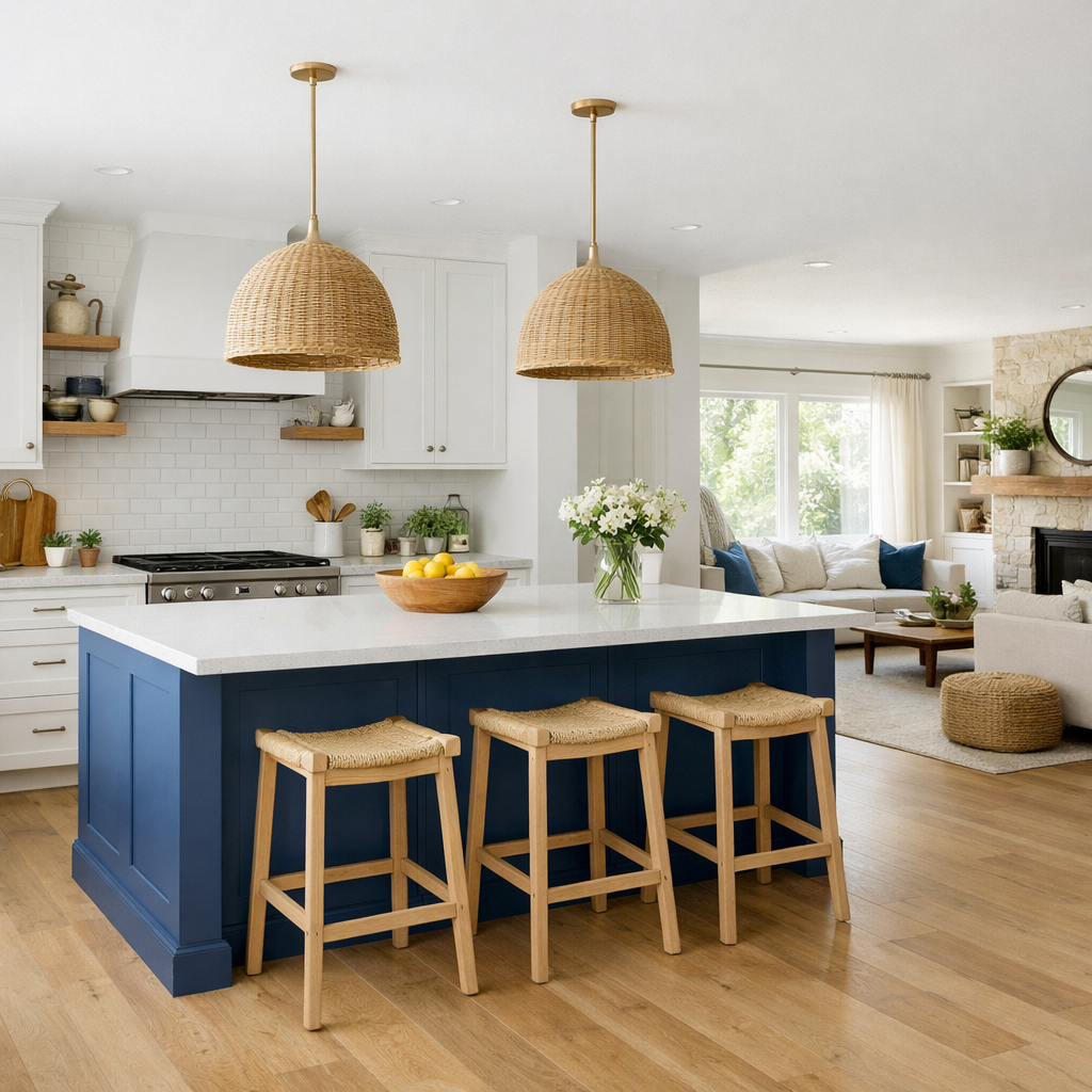 Open concept kitchen featuring white and blue design elements.