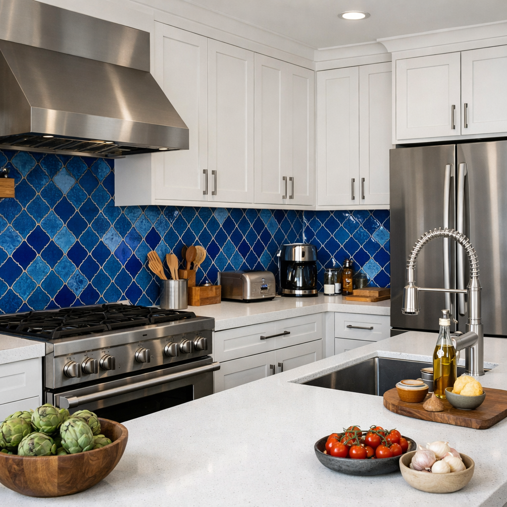 A modern white kitchen with a vibrant blue ceramic tile backsplash, stainless steel appliances, and a countertop with fresh vegetables.