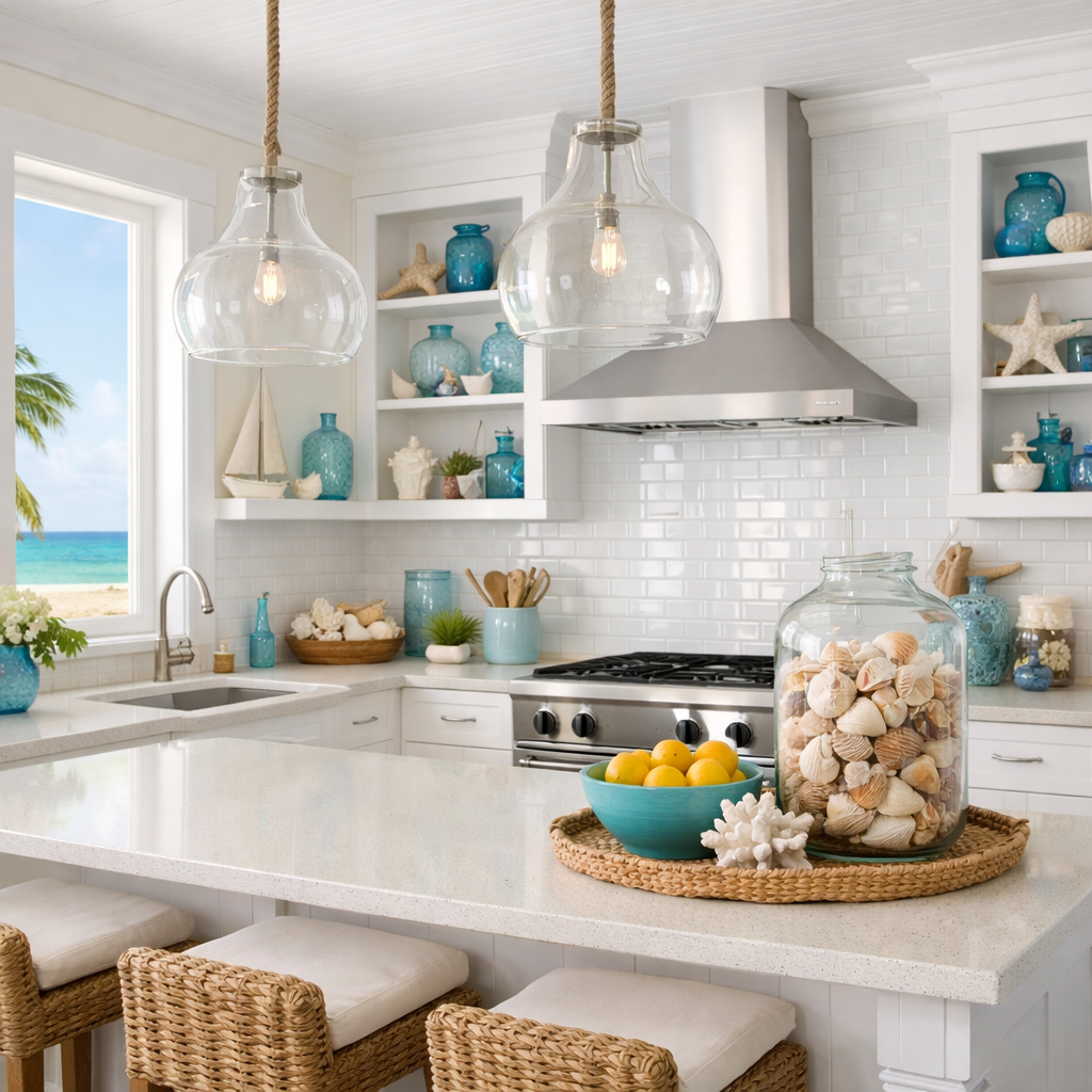 A coastal-themed kitchen featuring white cabinetry and blue glass accents, with ocean views