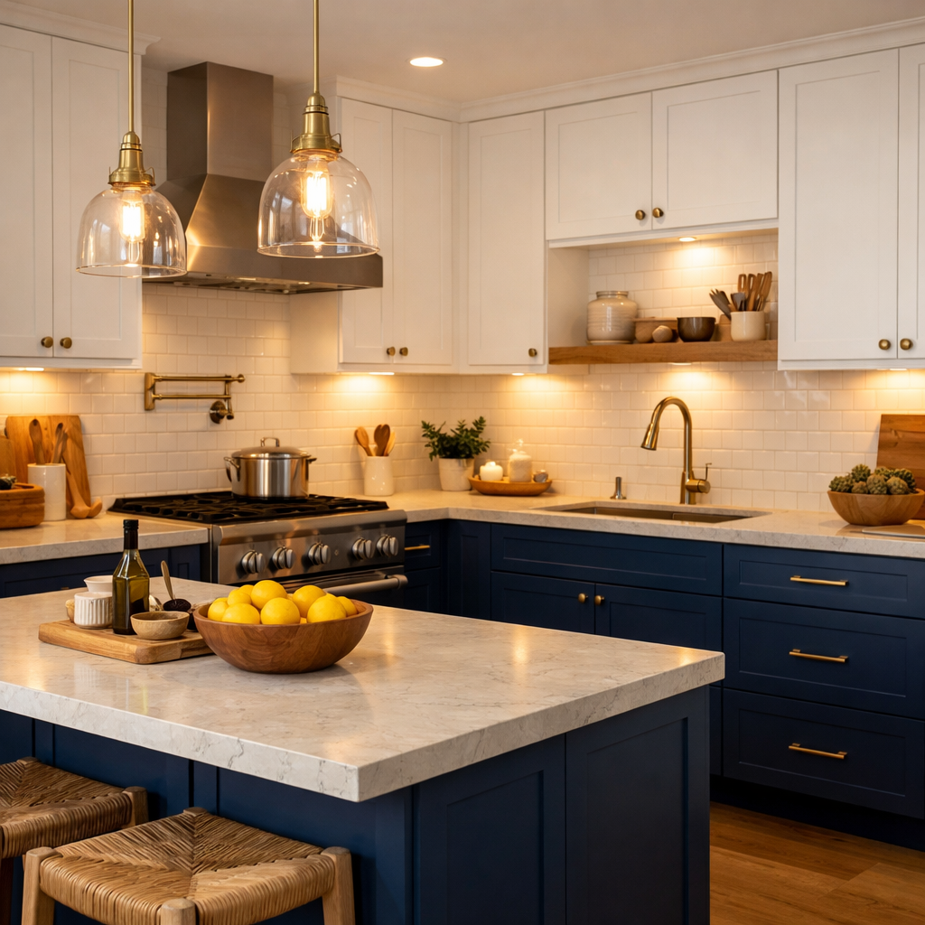 A stylish kitchen with white upper cabinets and blue lower cabinets, featuring elegant lighting and a light stone countertop.