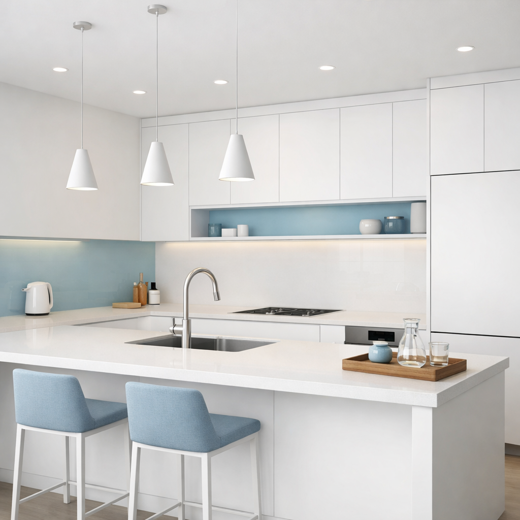 Modern minimalist kitchen with white cabinetry and blue accents, featuring an island with blue bar stools.