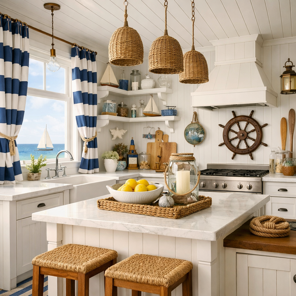 A nautical-themed kitchen featuring blue and white striped curtains, woven accents, and a bright, airy atmosphere.