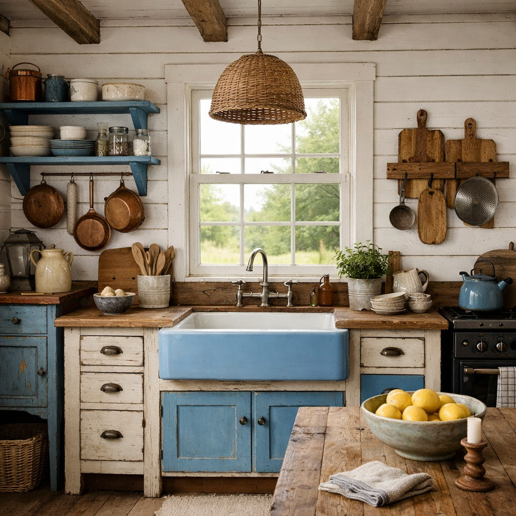 Rustic white and blue farmhouse kitchen with farmhouse sink and wooden shelves.