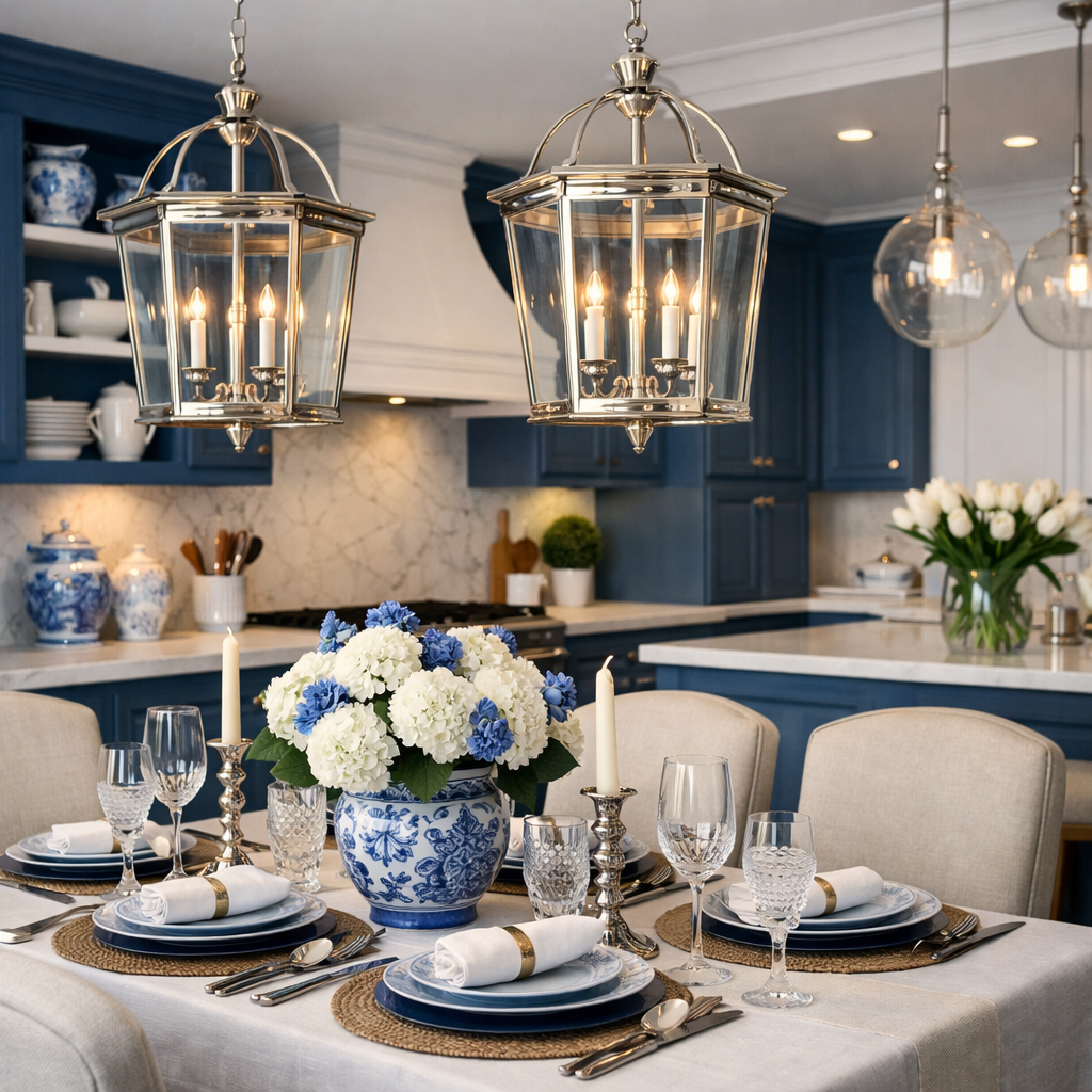 Sophisticated blue and white dining area with elegant table setting and beautiful floral centerpiece.