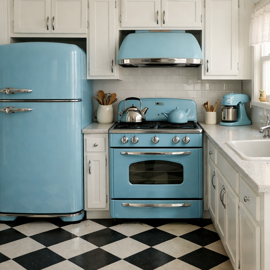 A vintage kitchen featuring blue appliances such as a refrigerator, stove, and kettle, complemented by white cabinetry and a black and white checkered floor.