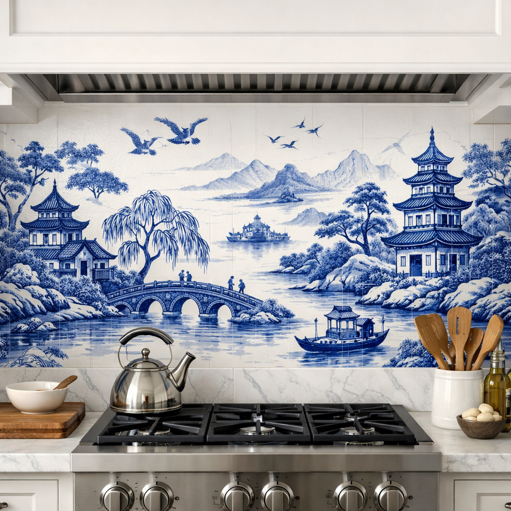 Blue Willow-inspired kitchen backsplash featuring detailed blue and white illustrations of pagodas and landscapes.