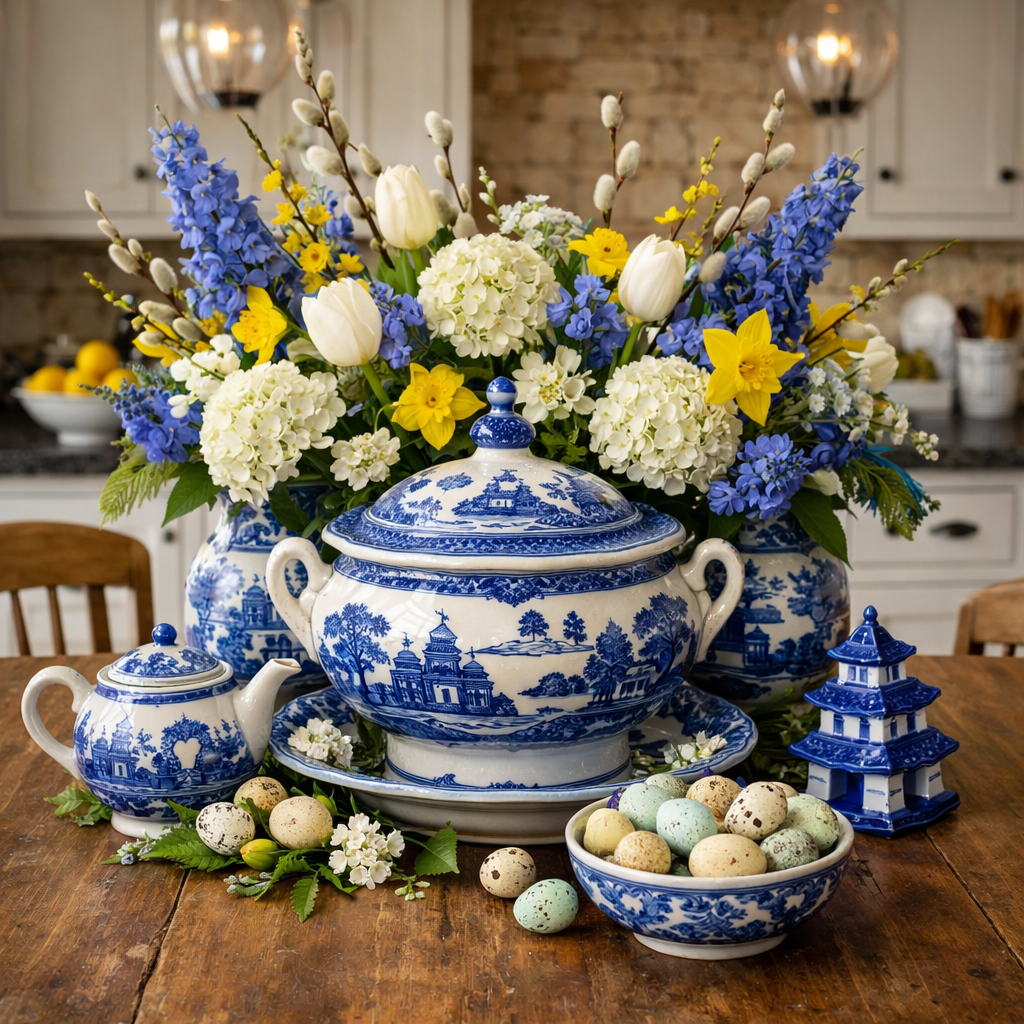 A beautifully arranged kitchen table centerpiece featuring Blue Willow china and vibrant floral decorations.