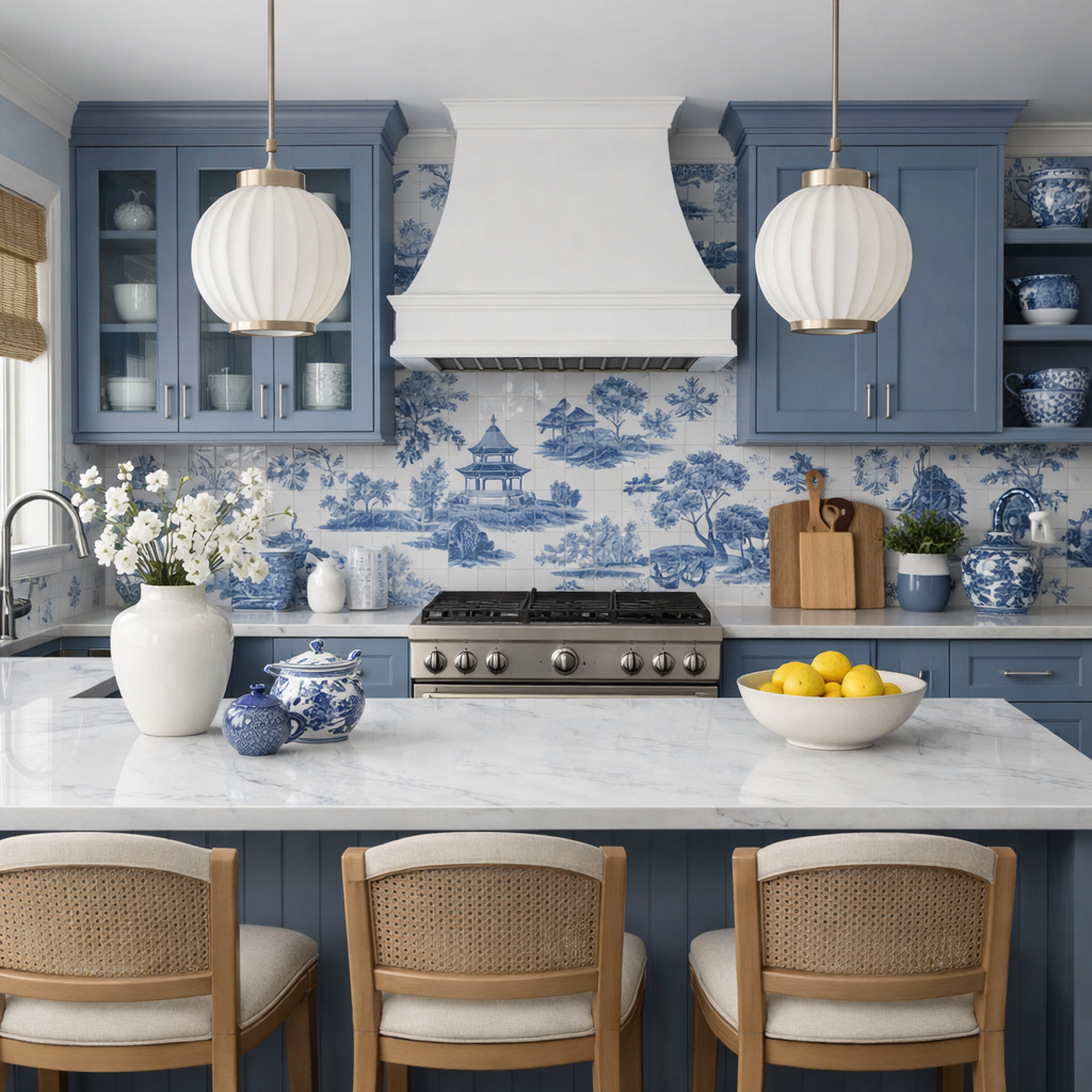 Modern kitchen with blue willow color palette featuring blue cabinetry, white countertops, and blue and white decor.