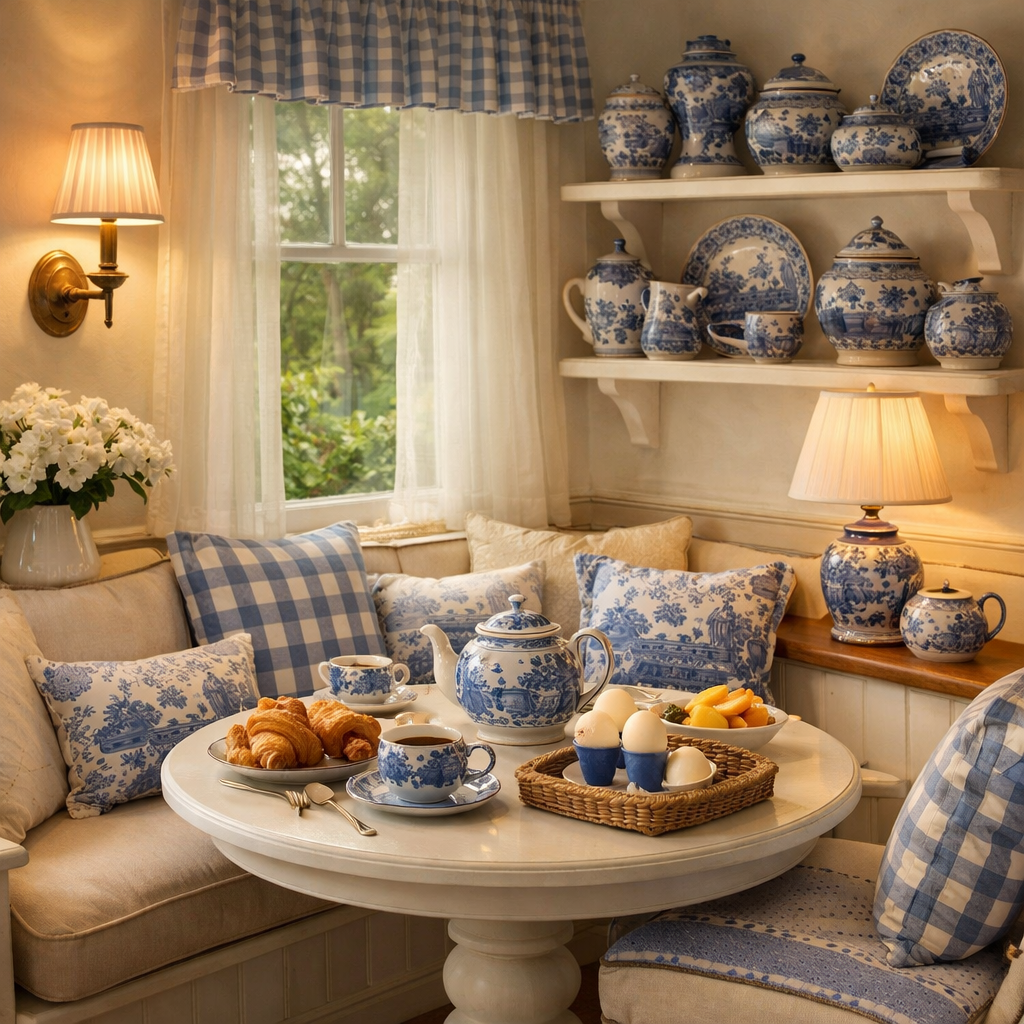 Cozy breakfast nook decorated with blue willow dishware, featuring a round table, comfy seating, and food items.