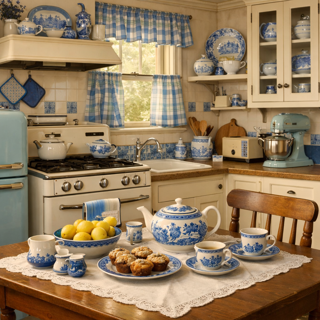 Cozy kitchen featuring blue willow pottery and vintage decor