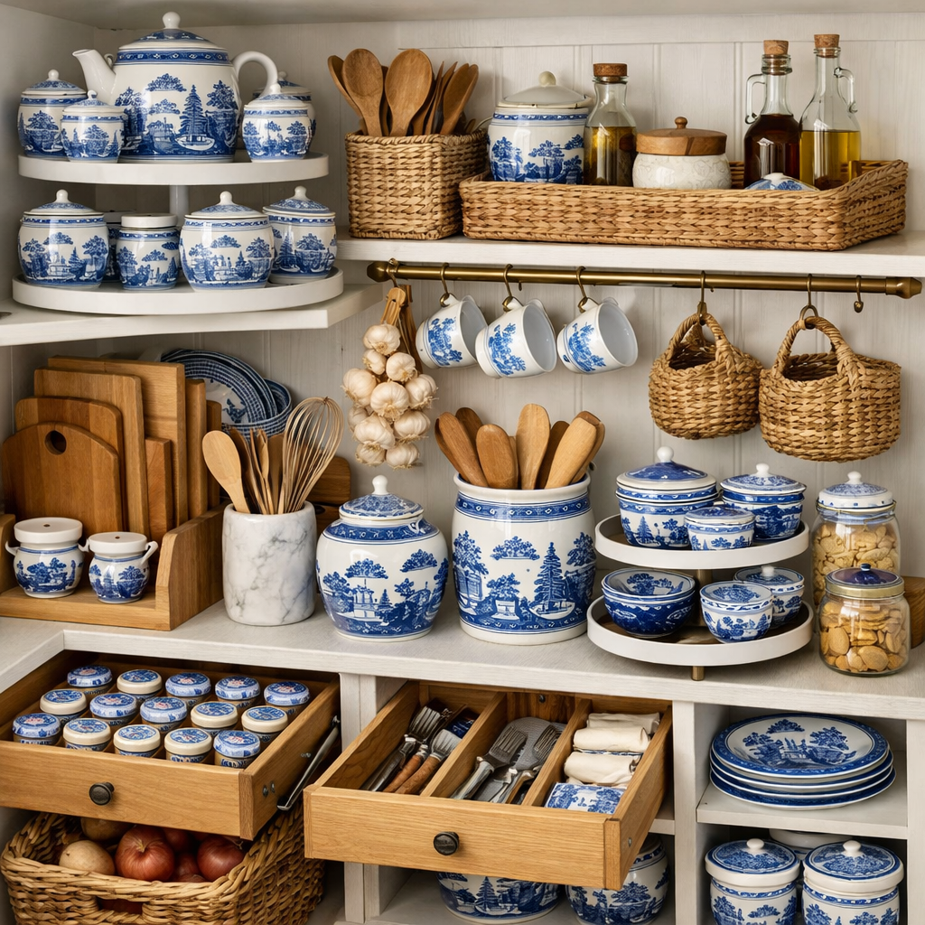 Organized kitchen with blue willow design, featuring shelves of blue and white pottery, wooden utensils, and woven baskets.