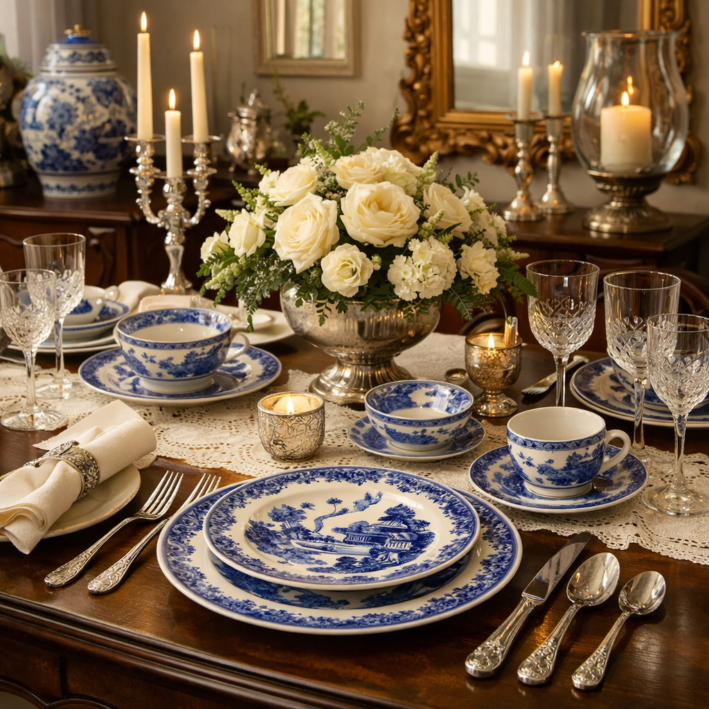 A beautifully arranged dining table featuring Blue Willow dishware, fresh white roses, candles, and elegant glassware.