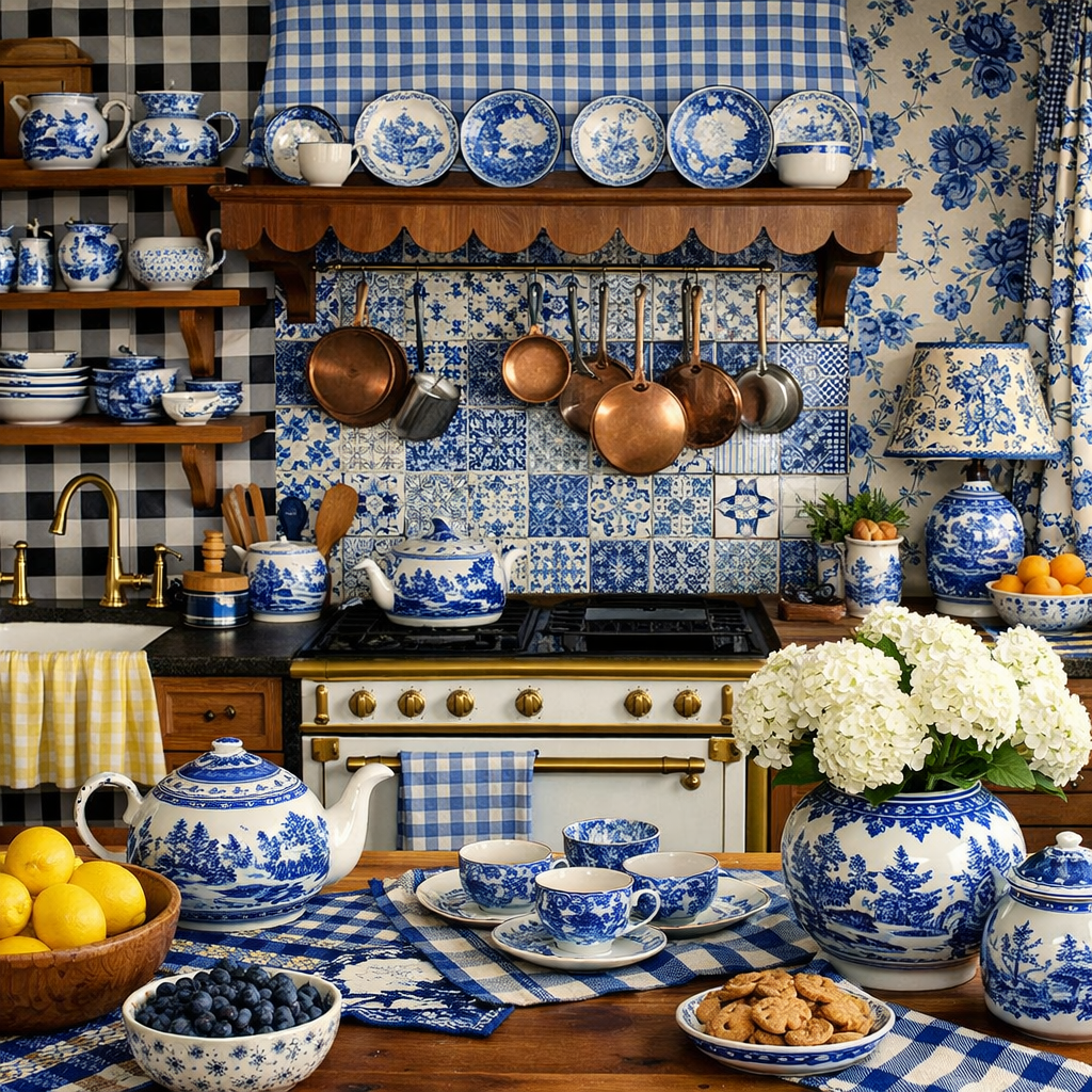 A cozy kitchen featuring blue willow china, checkered patterns, and floral accents.