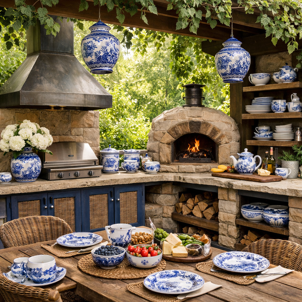 An outdoor kitchen featuring blue willow pottery, stone oven, and rustic dining setup.