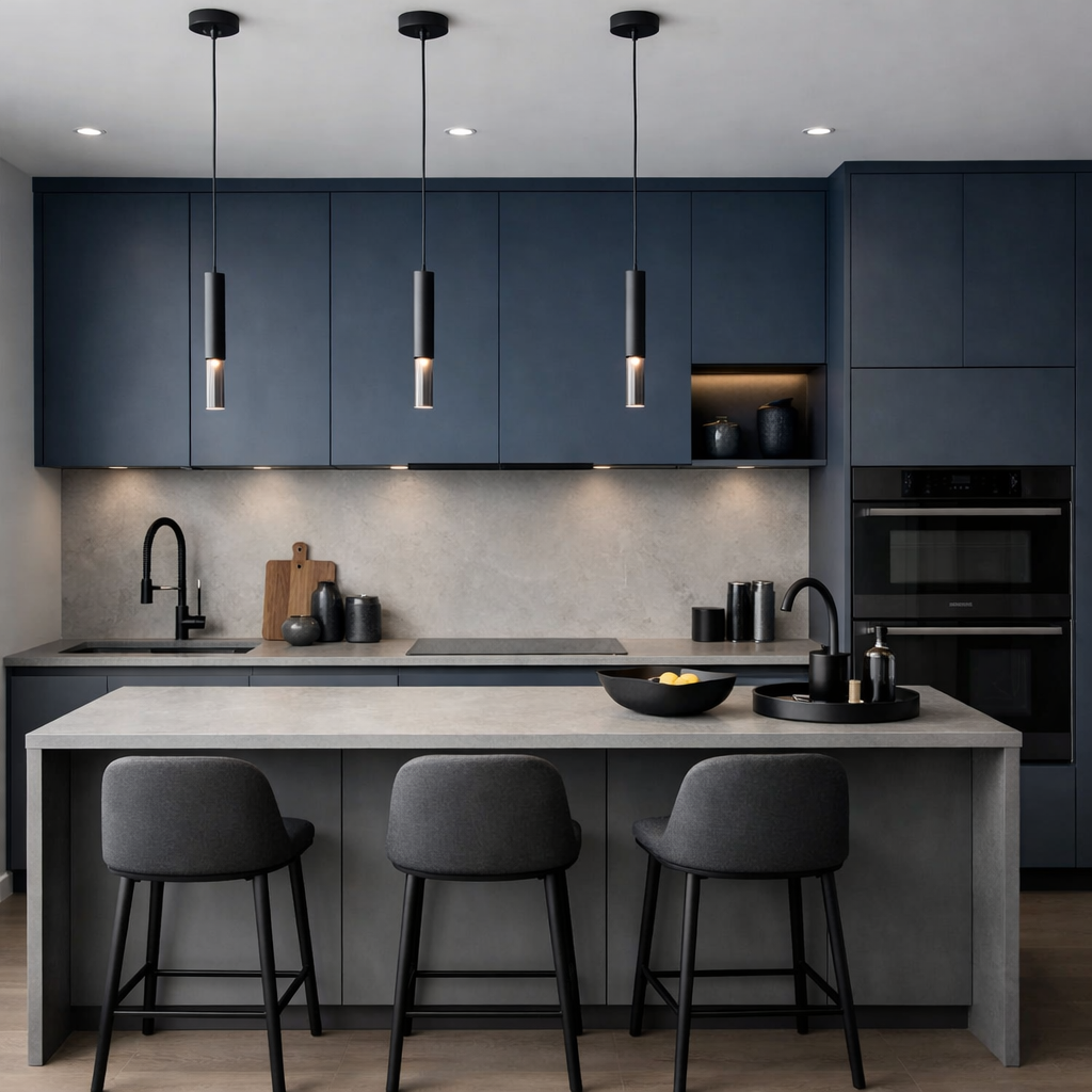 Stylish kitchen featuring blue cabinets and gray countertops.