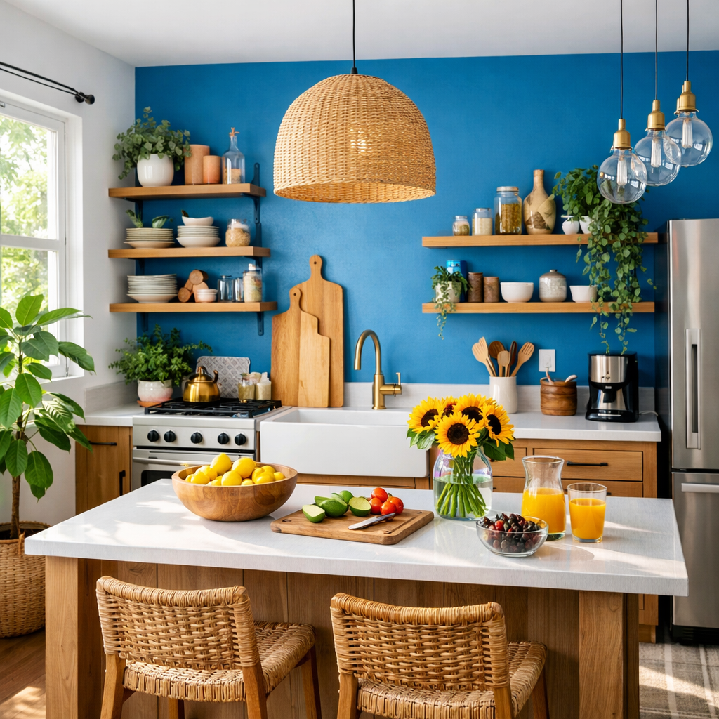 A bright blue kitchen with wooden shelves, plants, and a bowl of fresh produce