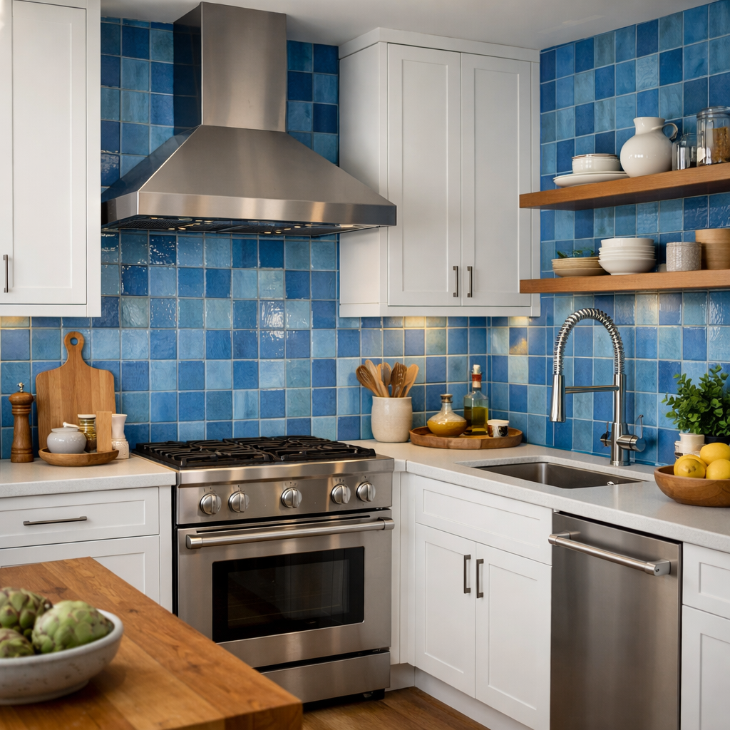 A charming blue cottage kitchen with a vibrant blue backsplash, white cabinets, and wooden details.