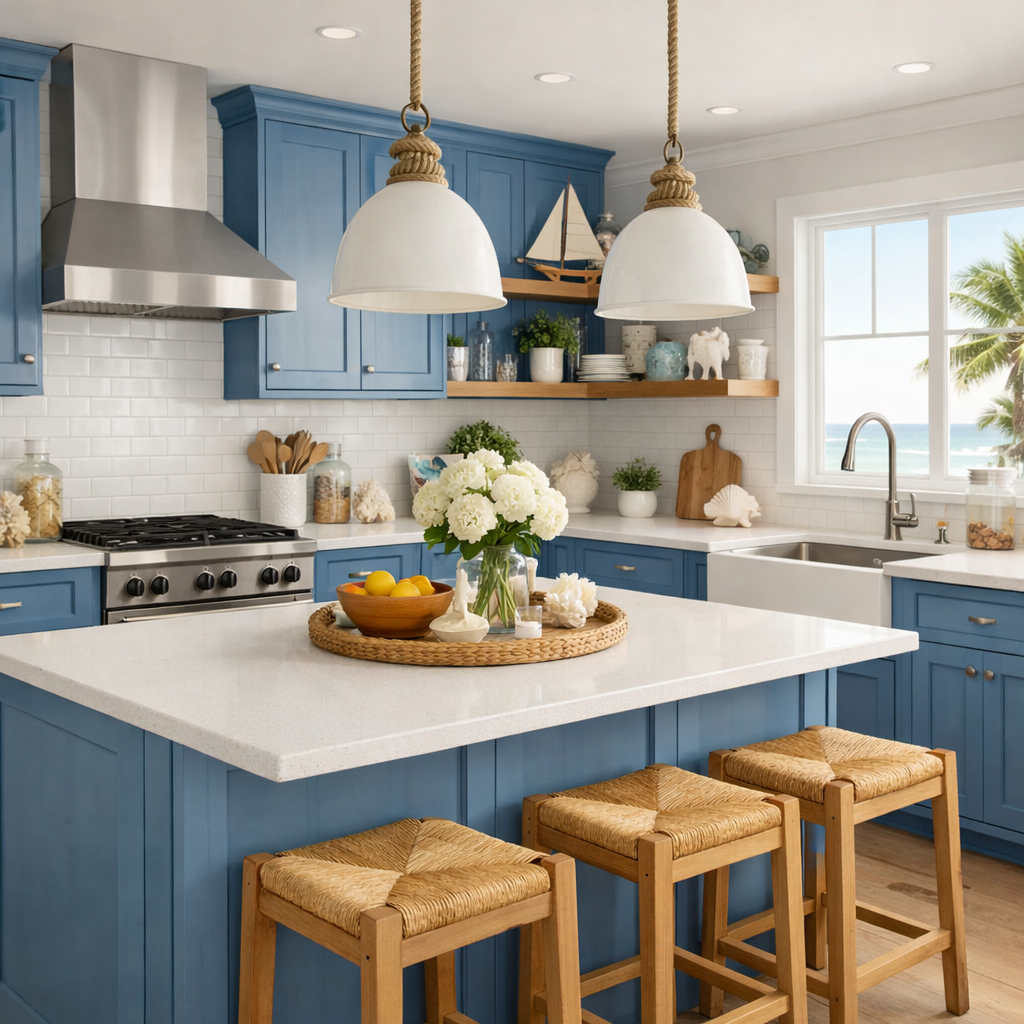 A beautiful coastal kitchen featuring blue cabinets, white countertops, and nautical decor.