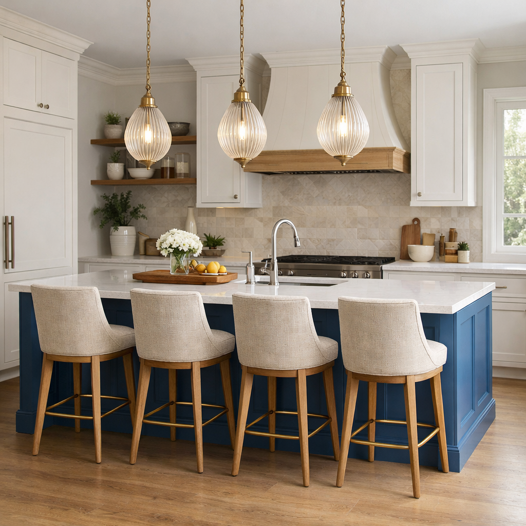 A stylish blue kitchen island in an elegant kitchen with bar stools and pendant lighting.