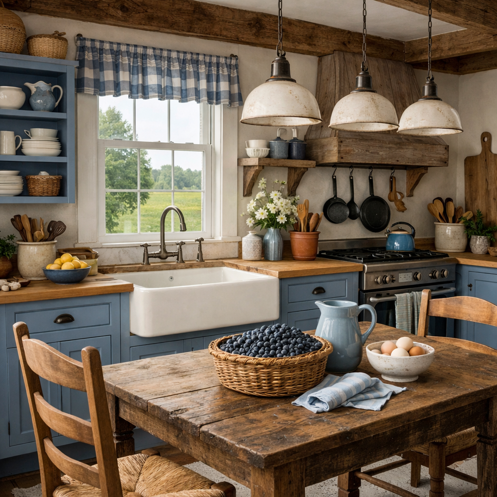 A cozy farmhouse kitchen featuring blue cabinets, wooden countertops, and a basket of blueberries on the table.
