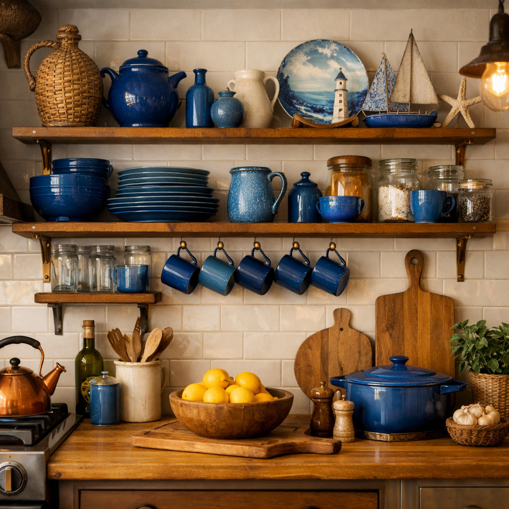 Open shelving in a blue cottage kitchen with blue dishware and rustic decor.
